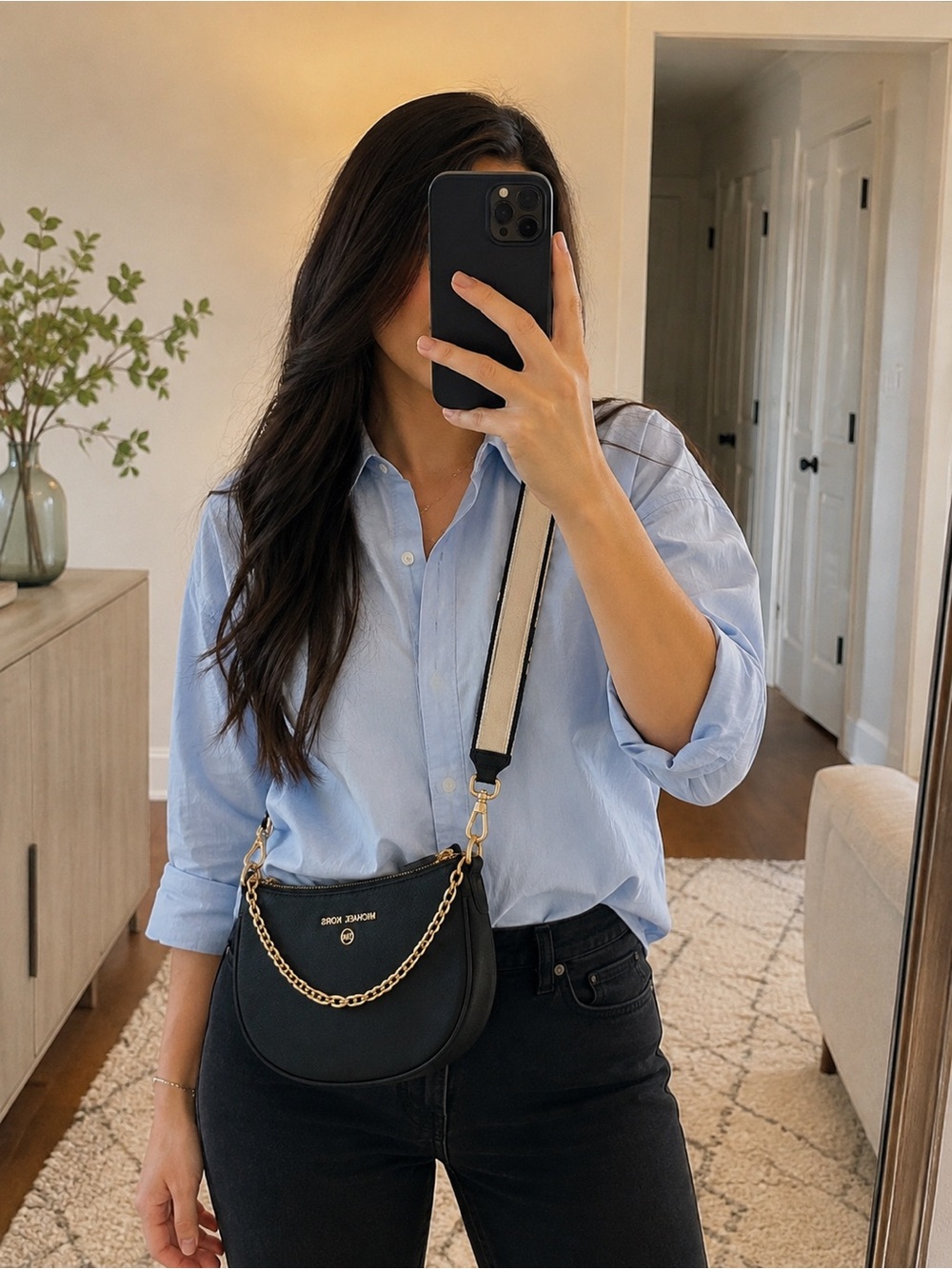 Michael Kors Black Leather Crossbody with Gold Chain Detail